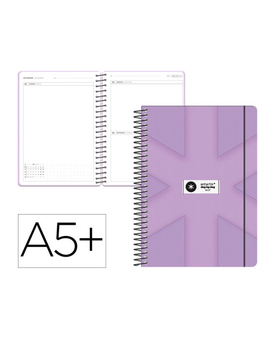 Agenda escolar antartik 26-27 espiral pack and go dia paginaa5+ bilingüe 80g papel fsc morado