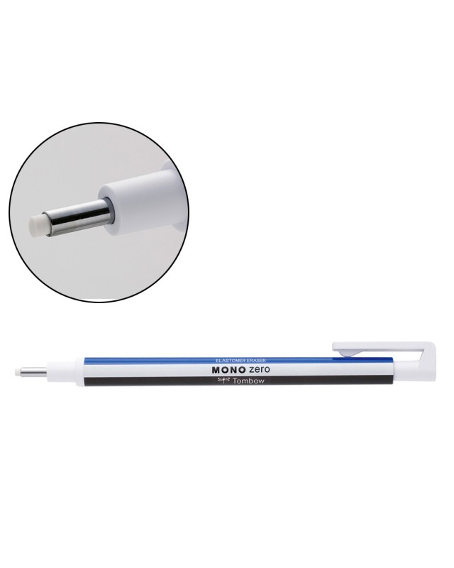 Portagomas tombow mono zero con clip goma redonda 2,3 mm diametro color azul blanco y negro