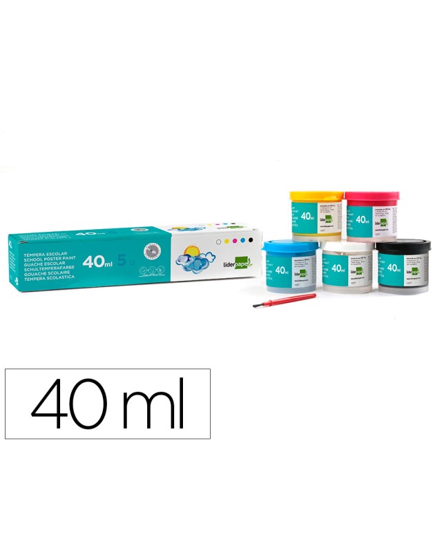 Tempera escolar liderpapel 40 ml caja 5 colores surtidos + pincel