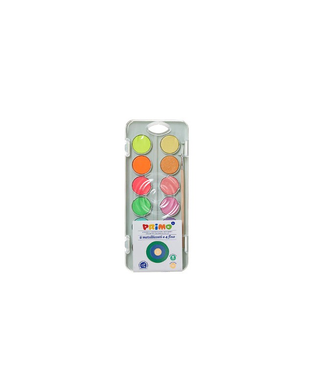 Acuarela primo 8 colores metal + 4 colores neon con pincel y paleta de mezcla estuche de plastico