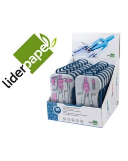 Compas liderpapel con adapatador alargadera y mango extra soft expositor de 16 estuches 2 modelos