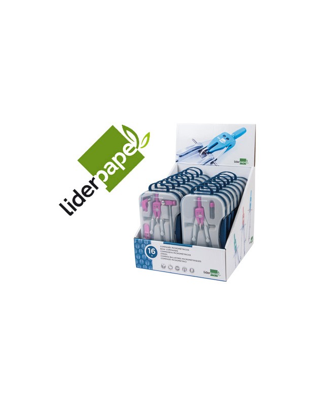 Compas liderpapel con adapatador alargadera y mango extra soft expositor de 16 estuches 2 modelos