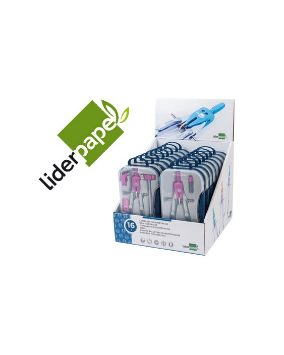 Compas liderpapel con adapatador alargadera y mango extra soft expositor de 16 estuches 2 modelos