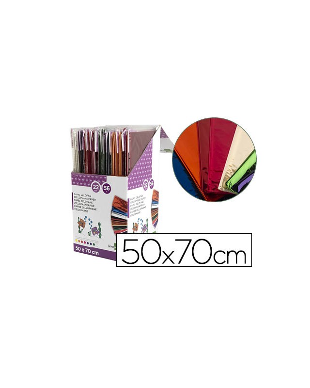 Papel celofan liderpapel 50x70 cm expositor de 56 bolsas de 5 hojas 8 colores surtidos