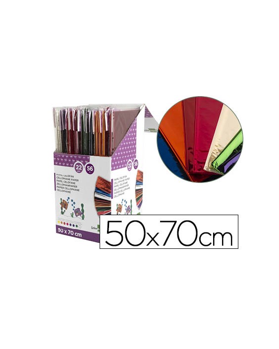 Papel celofan liderpapel 50x70 cm expositor de 56 bolsas de 5 hojas 8 colores surtidos