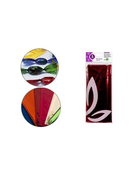 Papel celofan liderpapel 50x70 cm 22 g bolsa de 5 hojas rojo
