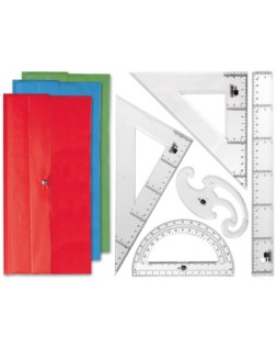 Juego escuadra y cartabon 25cm regla 30cm semicirculo 15cm y plantilla de curvas liderpapelen petaca opaca color verde