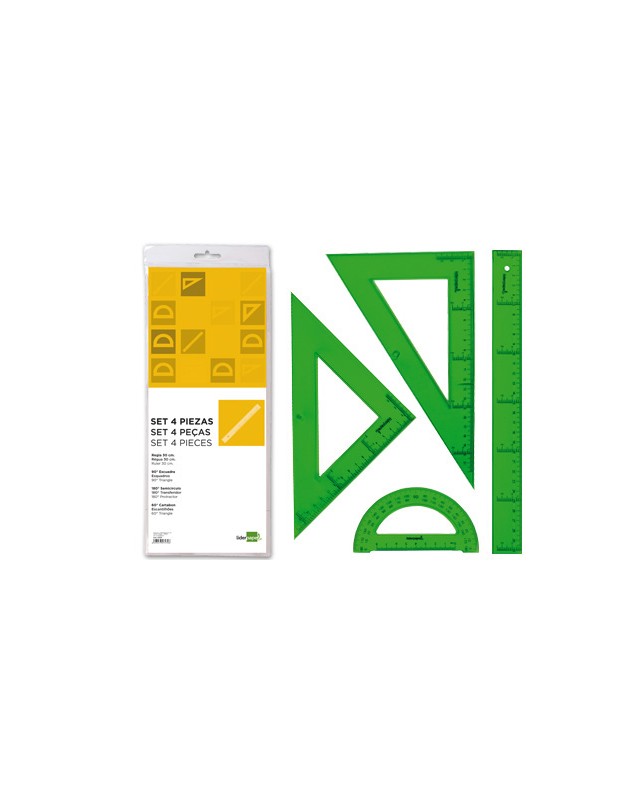 Juego escuadra cartabon regla 30 cm y semicirculo en petaca liderpapel verde