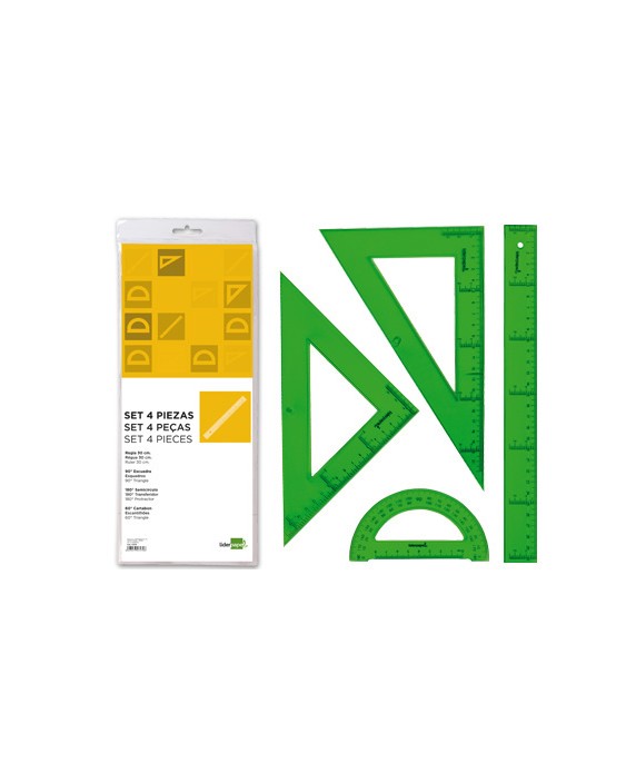 Juego escuadra cartabon regla 30 cm y semicirculo en petaca liderpapel verde