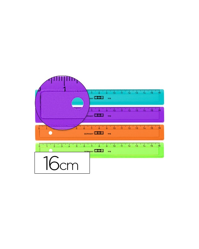 Regla m+r 16 cm plastico graduada y biselada colores surtidos