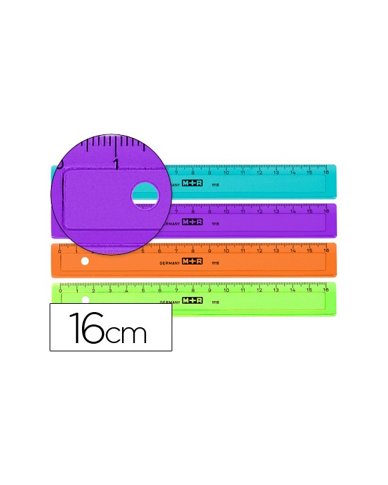 Regla m+r 16 cm plastico graduada y biselada colores surtidos