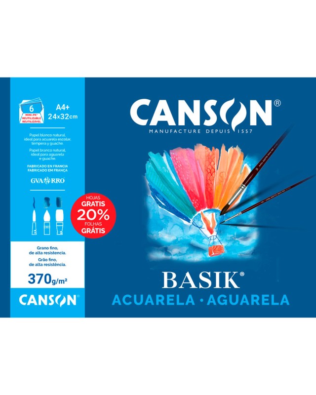 Papel acuarela basik canson din a4+ 370 gr pack de 6 hojas