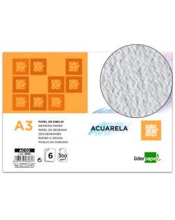 Papel dibujo liderpapel 297x420mm 300g/m2 acuarela pack de 6 hojas