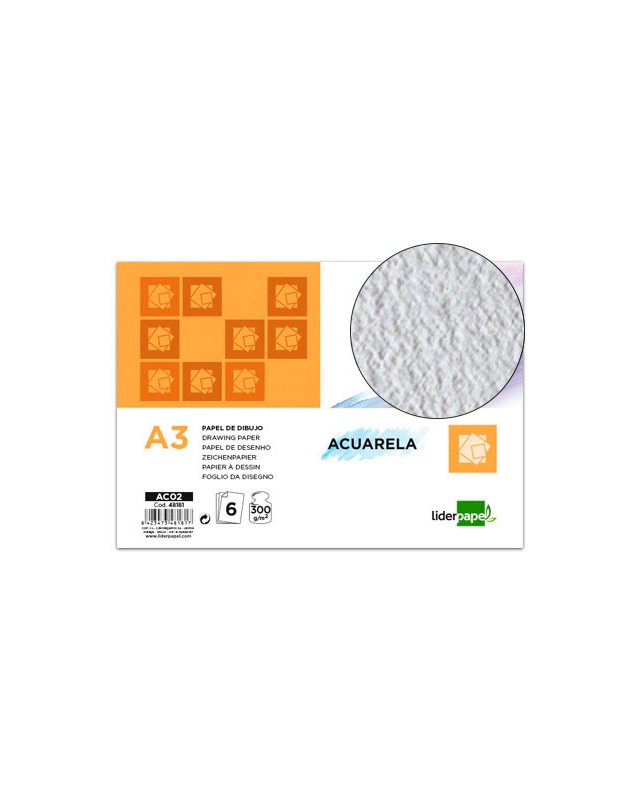 Papel dibujo liderpapel 297x420mm 300g/m2 acuarela pack de 6 hojas
