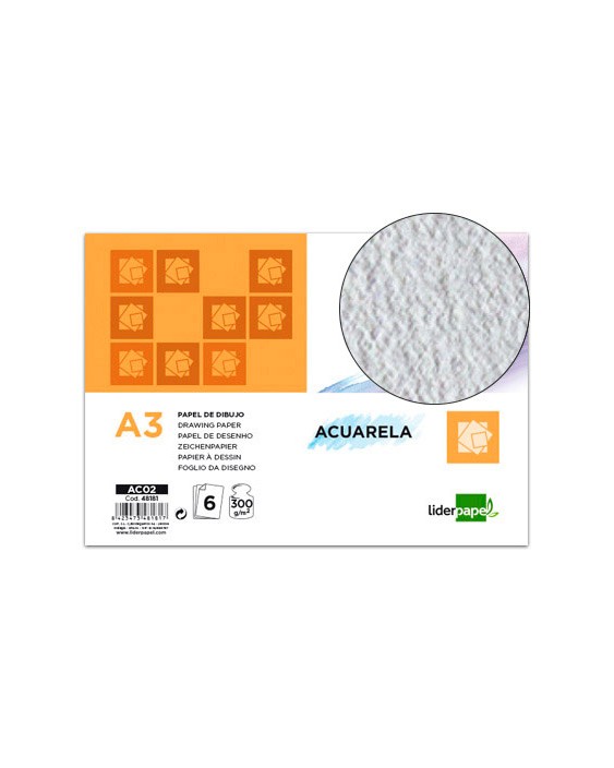 Papel dibujo liderpapel 297x420mm 300g/m2 acuarela pack de 6 hojas