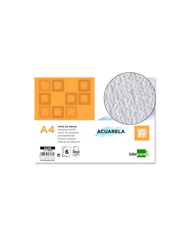 Papel dibujo liderpapel 210x297mm 300g/m2 acuarela pack de 6 hojas