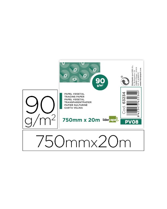 Papel vegetal liderpapel 750mmx20m 90gr rollo rollo