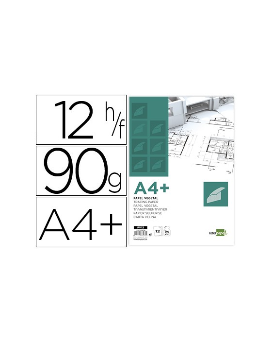 Papel vegetal liderpapel a4+ 90 gr 240x320mm sobre de 12 hojas