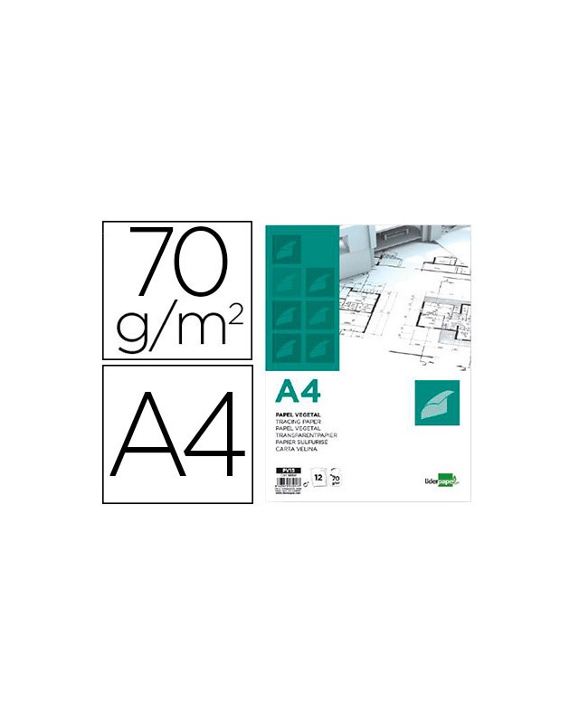 Papel vegetal liderpapel a4 70gr 210x297mm sobre de 12 hojas