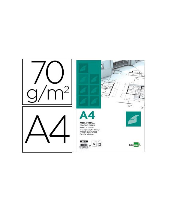 Papel vegetal liderpapel a4 70gr 210x297mm sobre de 12 hojas