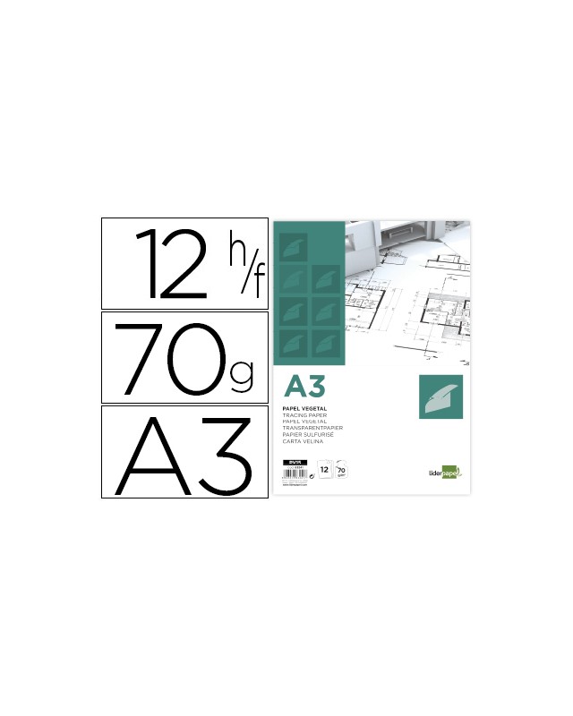 Papel vegetal liderpapel a3 70gr 297x420mm sobre de 12 hojas