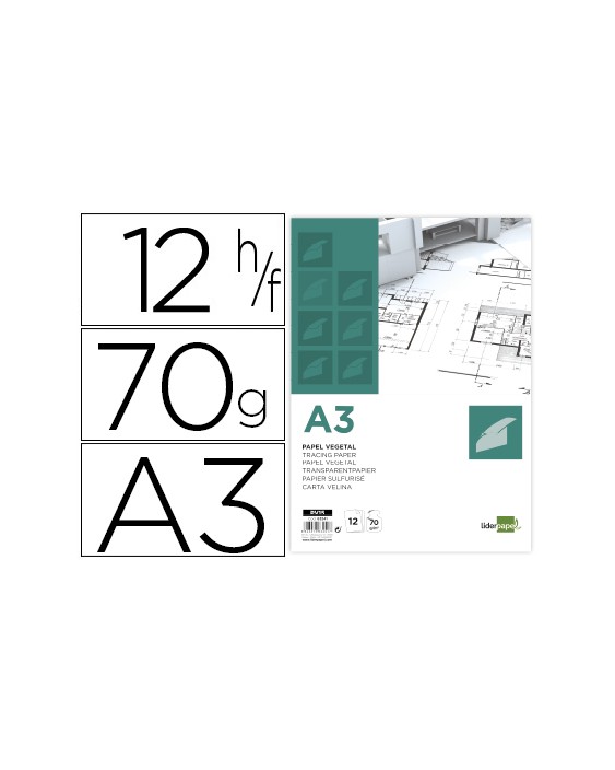 Papel vegetal liderpapel a3 70gr 297x420mm sobre de 12 hojas