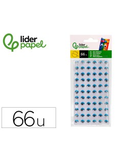 Ojo adhesivo liderpapel 10 mm con pupila negra y pestaña de color azul pack de 66 unidades