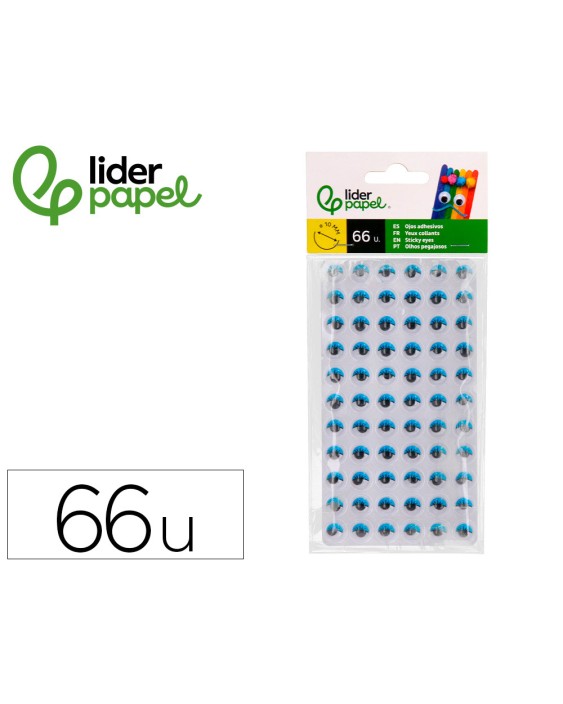 Ojo adhesivo liderpapel 10 mm con pupila negra y pestaña de color azul pack de 66 unidades