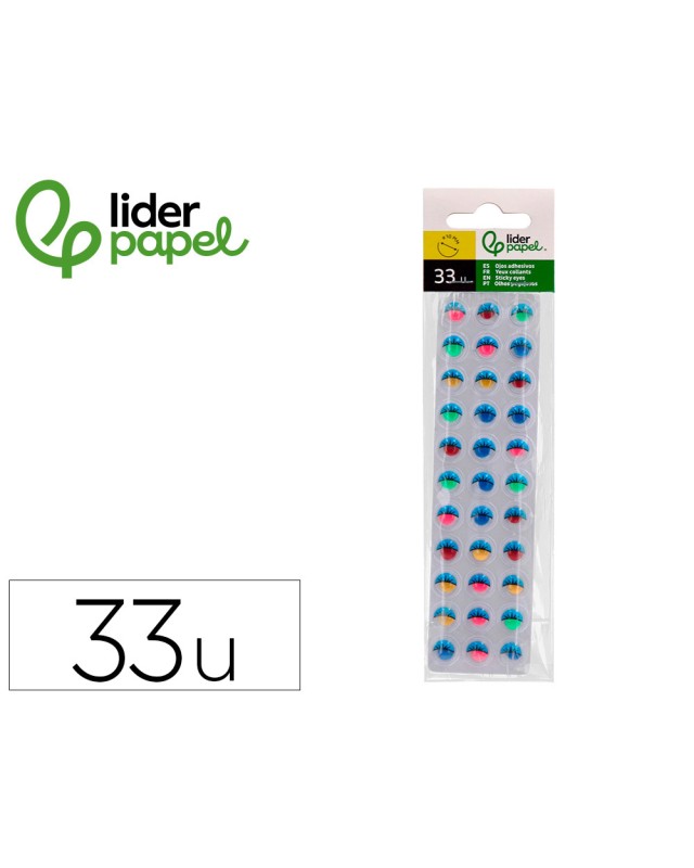 Ojo adhesivo liderpapel 10 mm con pupila de color y pestaña de color pack de 33 unidades