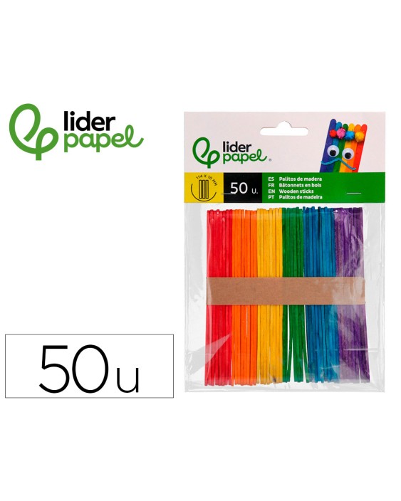 Palitos de madera liderpapel colores surtidos 11,4x1 cm bolsa con 50 unidades