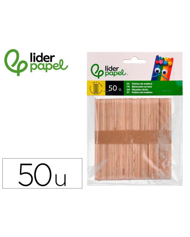 Palitos de madera liderpapel color natural 11,4 x 1 cm bolsa con 50 unidades