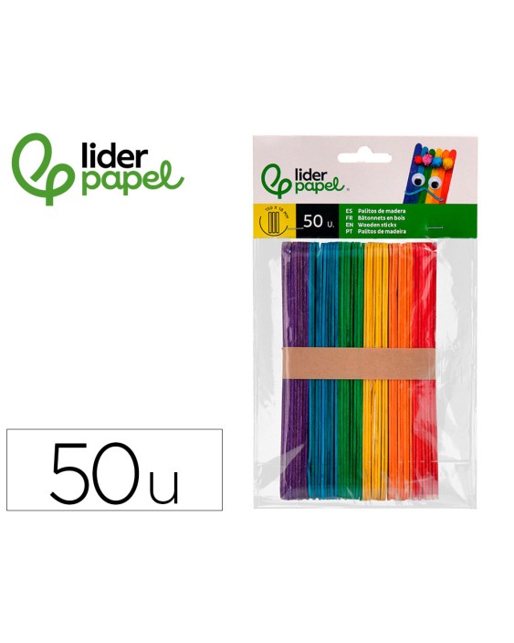 Palitos de madera liderpapel colores surtidos 15x1,8 cm bolsa con 50 unidades