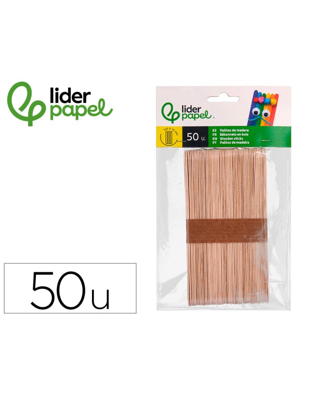 Palitos de madera liderpapel color natural 15 x 1,8 cm bolsa con 50 unidades