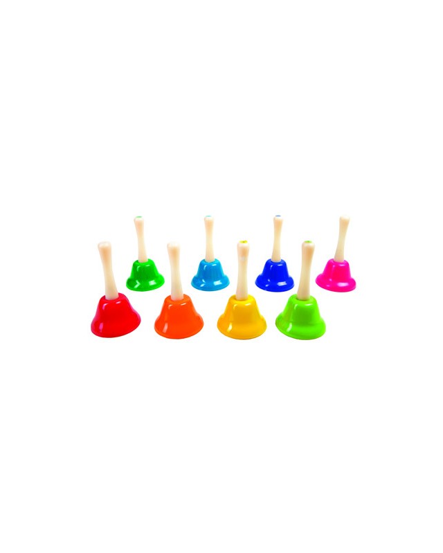 Campanita pequeña amaya de mano con mango tradicional escala diatonica set de 8 unidades colores surtidos