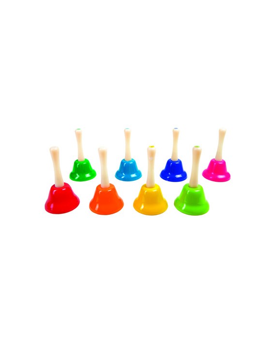 Campanita pequeña amaya de mano con mango tradicional escala diatonica set de 8 unidades colores surtidos