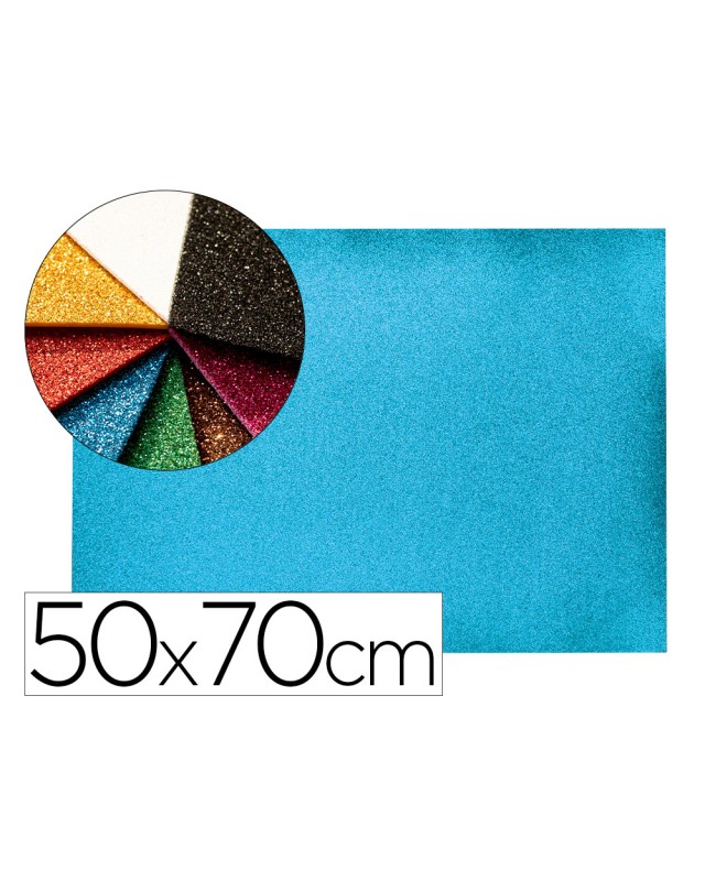 Goma eva con purpurina biodegradable liderpapel 50x70cm 60g/m2 espesor 2 mm azul claro