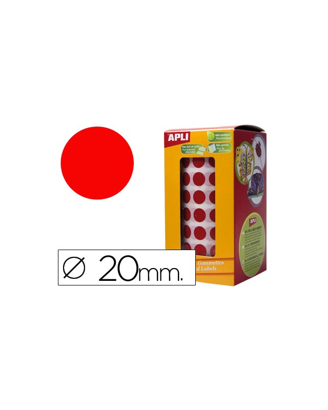 Gomets autoadhesivos circulares 20mm rojo rollo de 1770 unidades