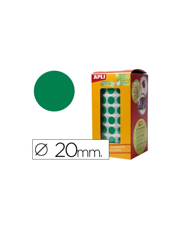 Gomets autoadhesivos circulares 20mm verde rollo de 1770 unidades