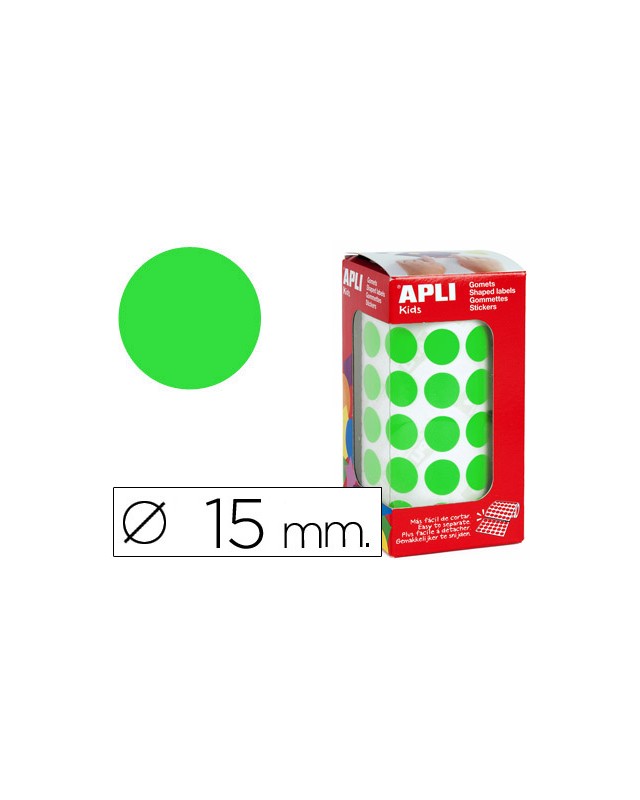 Gomets autoadhesivos circulares 15 mm verde en rollo con 2832 unidades