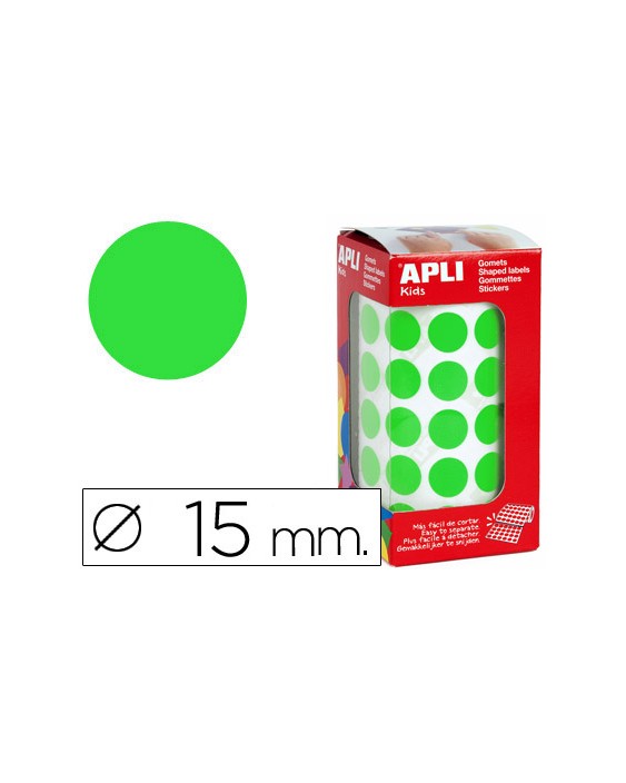 Gomets autoadhesivos circulares 15 mm verde en rollo con 2832 unidades