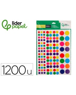 Gomets liderpapel autoadhesivo circulos colores y tamaños surtidos bolsa de 10 hojas 1200 unidades