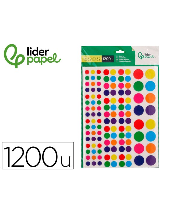 Gomets liderpapel autoadhesivo circulos colores y tamaños surtidos bolsa de 10 hojas 1200 unidades