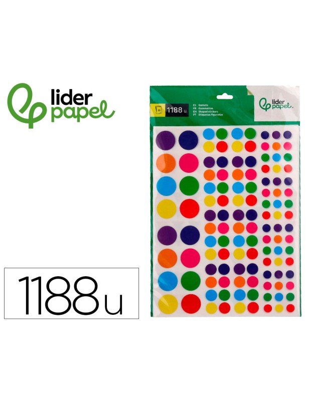 Gomets liderpapel autoadhesivo figuras de colores y tamaños surtidos bolsa de 10 hojas 1188 unidades