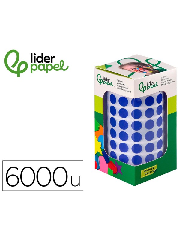 Gomets liderpapel autoadhesivo circulos 10,5 mm azul rollo de 6000 unidades en caja de carton