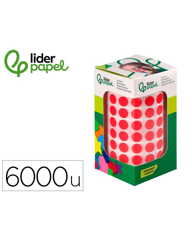 Gomets liderpapel autoadhesivo circulos 10,5 mm rojo rollo de 6000 unidades en caja de carton