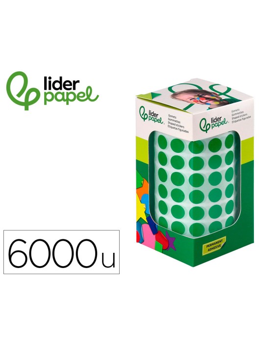 Gomets liderpapel autoadhesivo circulos 10,5 mm verde rollo de 6000 unidades en caja de carton