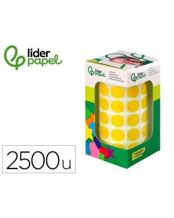 Gomets liderpapel autoadhesivo circulos 15 mm amarillo rollo de 2500 unidades en caja de carton