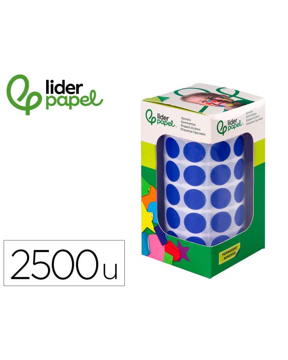 Gomets liderpapel autoadhesivo circulos 15 mm azul rollo de 2500 unidades en caja de carton