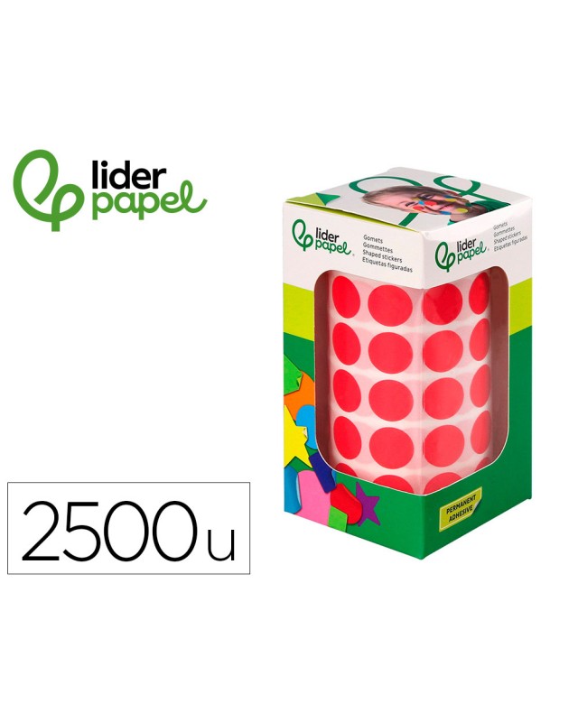 Gomets liderpapel autoadhesivo circulos 15 mm rojo rollo de 2500 unidades en caja de carton