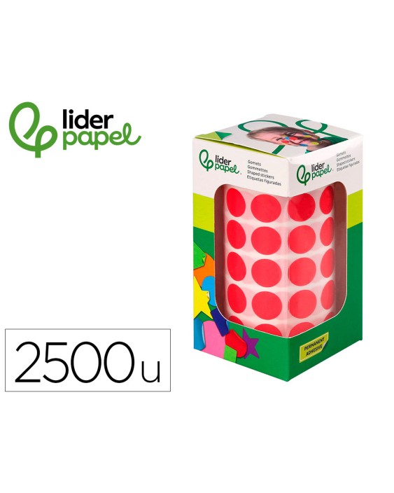 Gomets liderpapel autoadhesivo circulos 15 mm rojo rollo de 2500 unidades en caja de carton